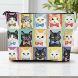 White and Black Cat Cosmetic Bag Large Makeup Organizer 9x6 New